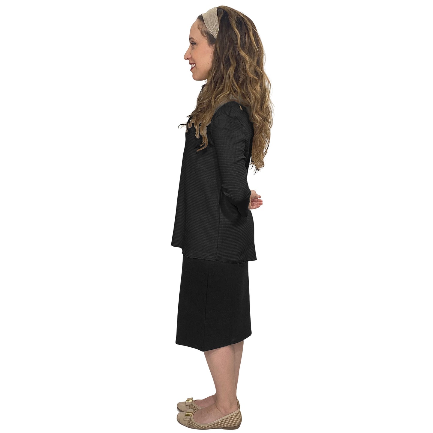 Cotton Waffle Knit Modest Top - 3/4 Sleeve with High Neckline