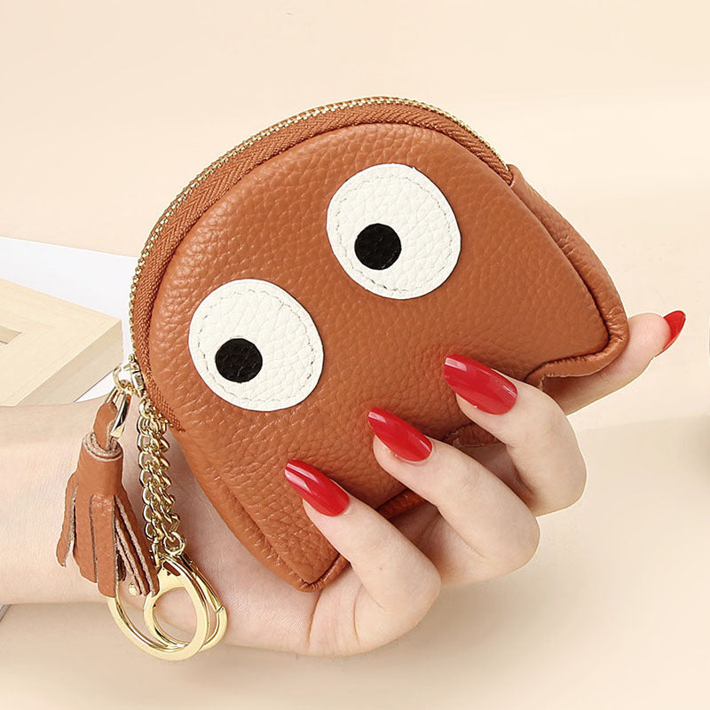 Leather Mini Creative Cartoon Zipper Coin Pouch Ins Cute Keychain Hard Coin Genuine Leather Wallet for Women