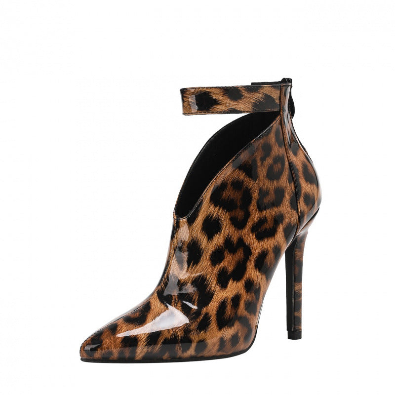 Crystal Cut-out Ankle Boots Leopard Print Stiletto Heel Pointed Toe 11cm High Heel Fashion Short Boots for Women