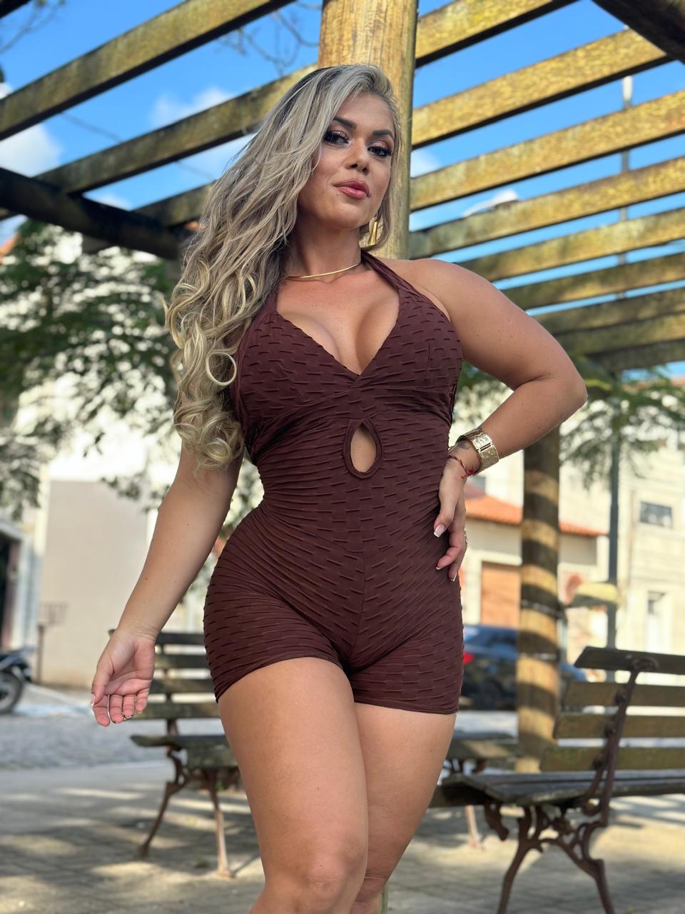 Scrunch Brown Wave Open-Back Short Jumpsuit