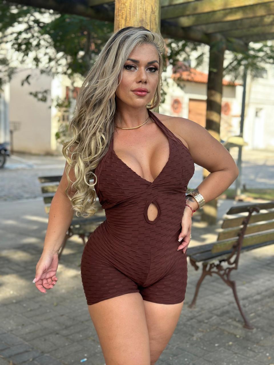 Scrunch Brown Wave Open-Back Short Jumpsuit