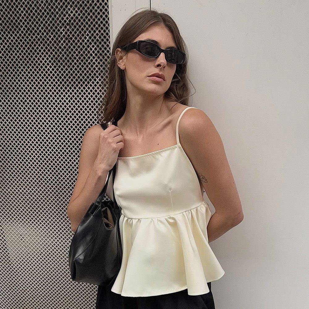 Satin Backless Ruffle Spaghetti Strap Top