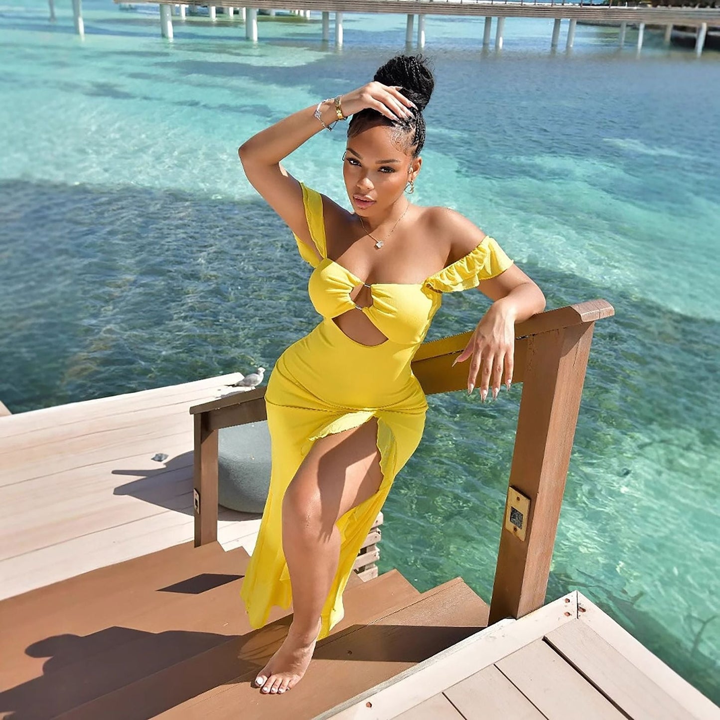 Off-Shoulder Cutout Slim-Fit Slit Dress