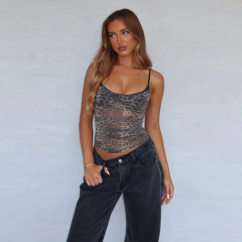 Mesh Leopard Print Spaghetti Strap Camisole