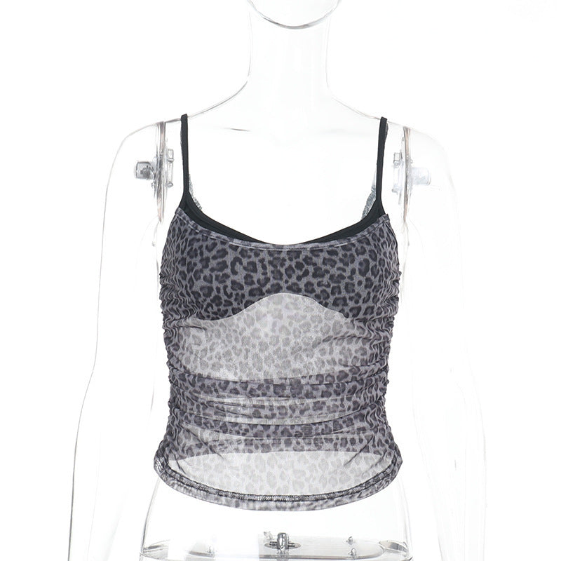 Mesh Leopard Print Spaghetti Strap Camisole