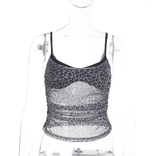Mesh Leopard Print Spaghetti Strap Camisole
