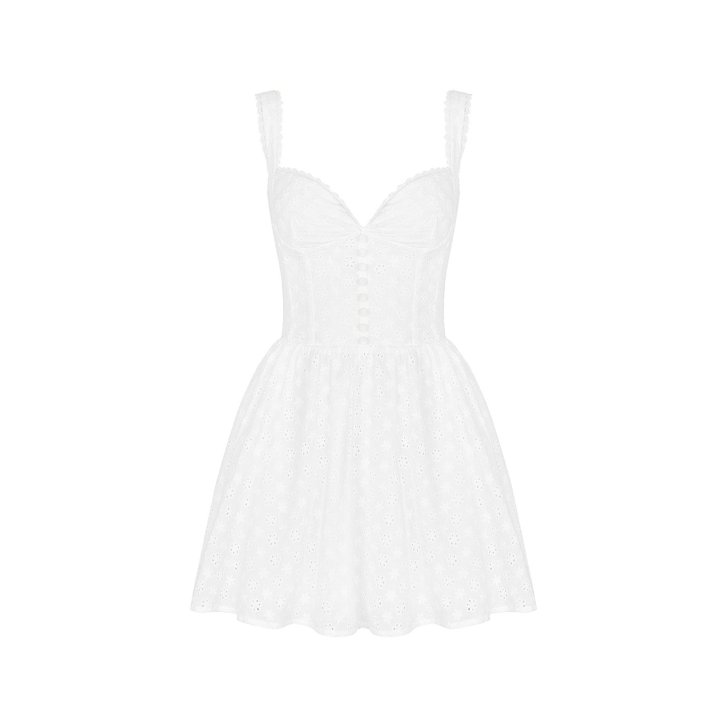 V-Neck Lace Strap Printed Dress - White