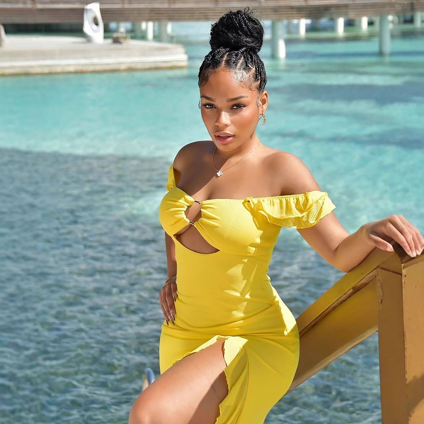 Off-Shoulder Cutout Slim-Fit Slit Dress