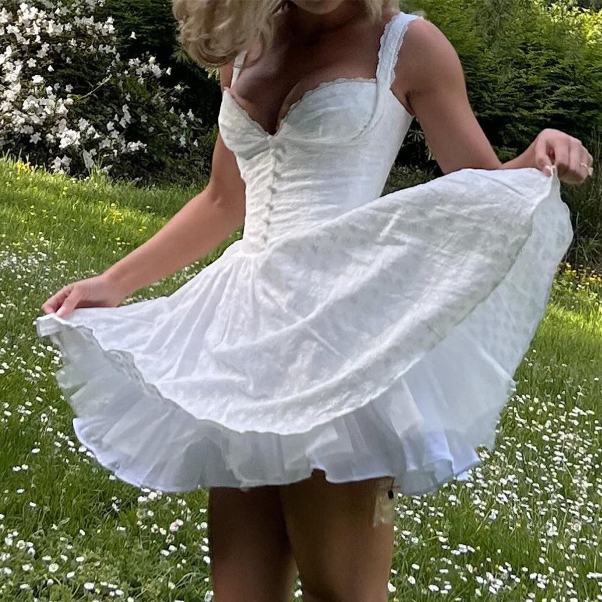 V-Neck Lace Strap Printed Dress - White