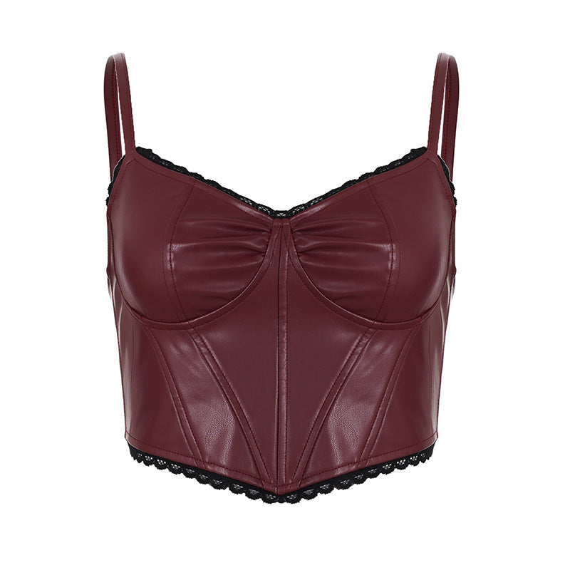 Lace-Stitched Faux Leather Crop Vest