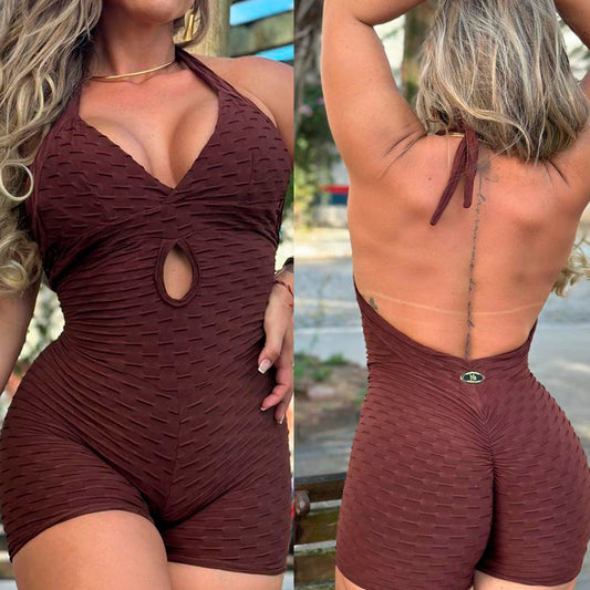 Scrunch Brown Wave Open-Back Short Jumpsuit
