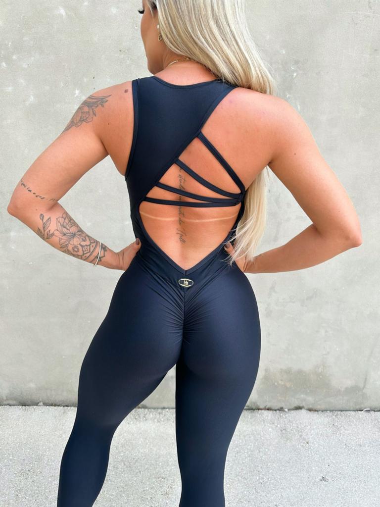 Scrunch Black Wave Ring-Detail Open-Back Jumpsuit